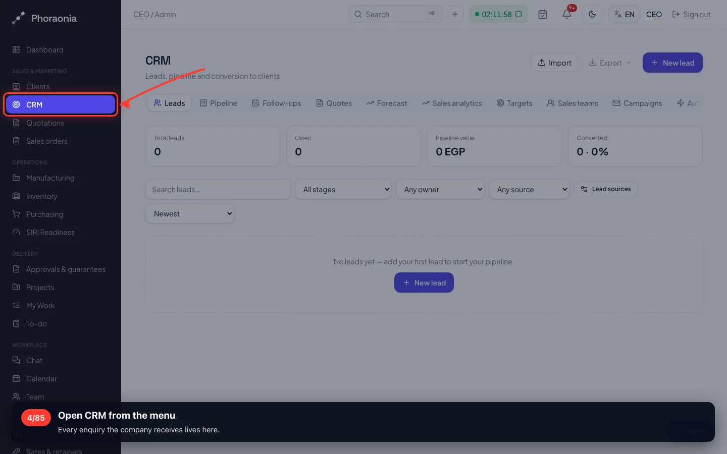 Open CRM from the menu