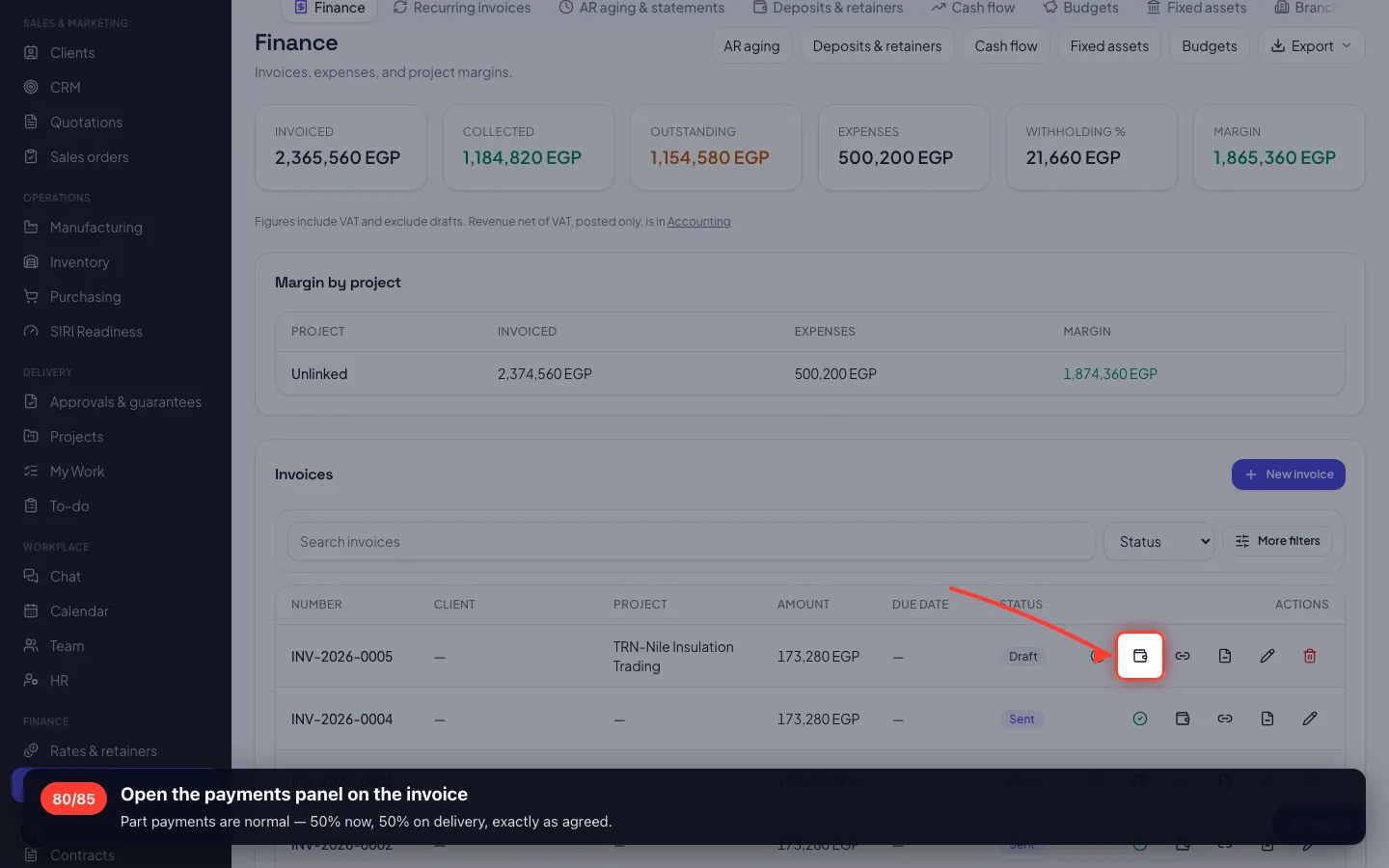 Open the payments panel on the invoice