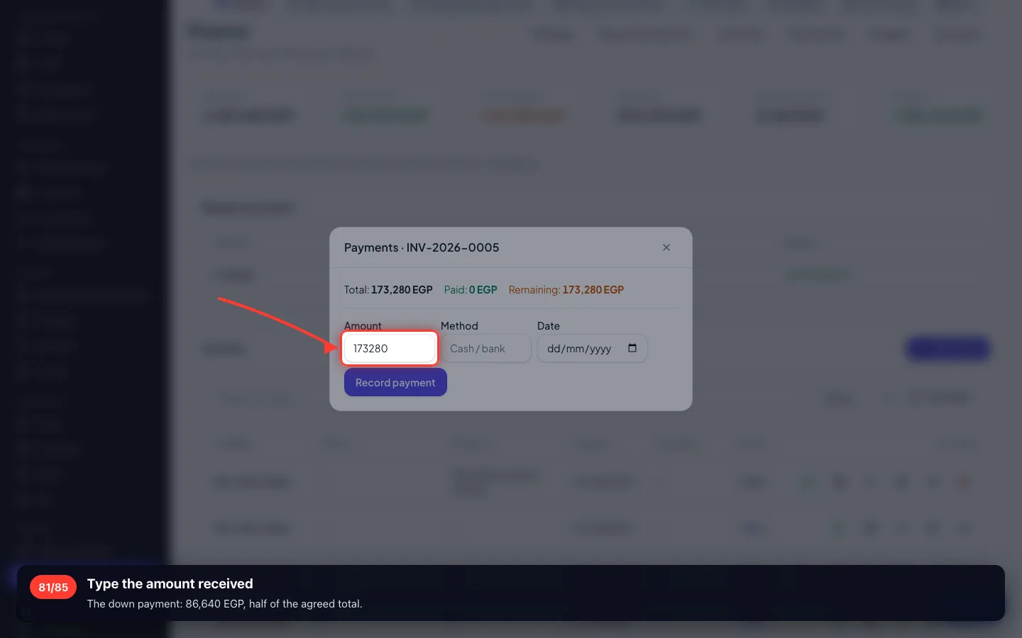 Type the amount received