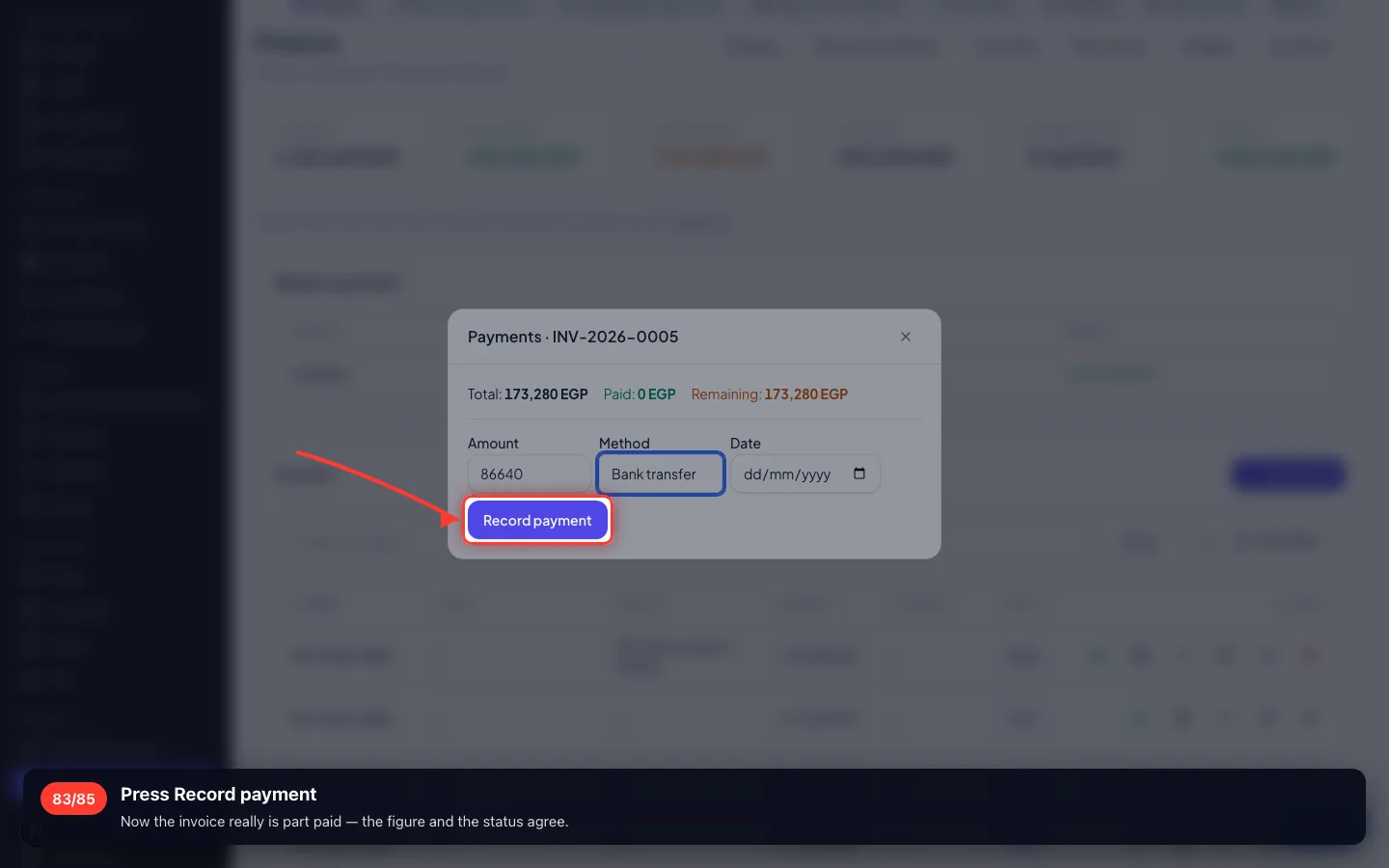 Press Record payment