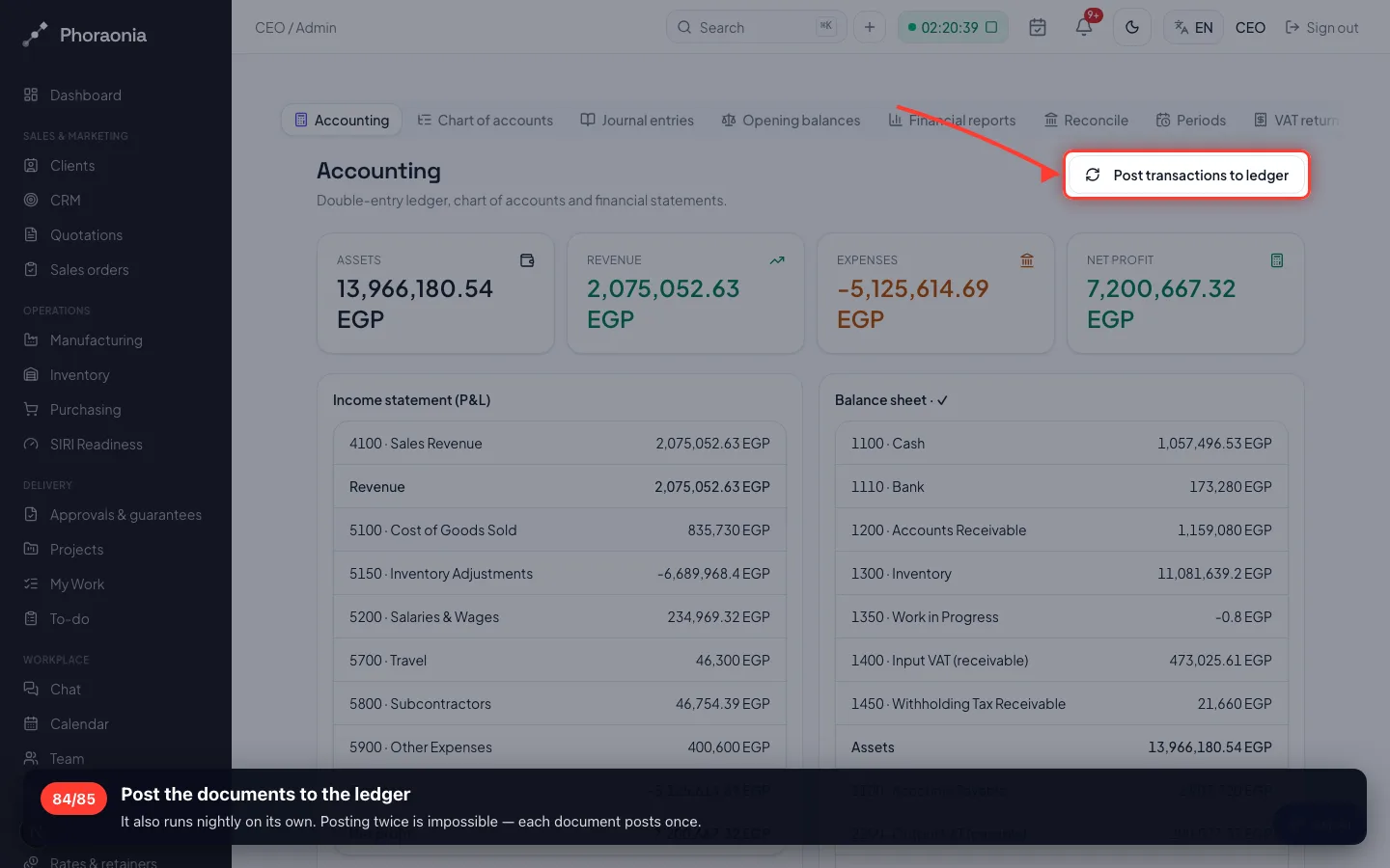 Post the documents to the ledger