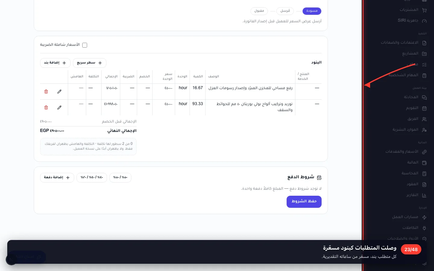 وصلت المتطلبات كبنود مسعّرة