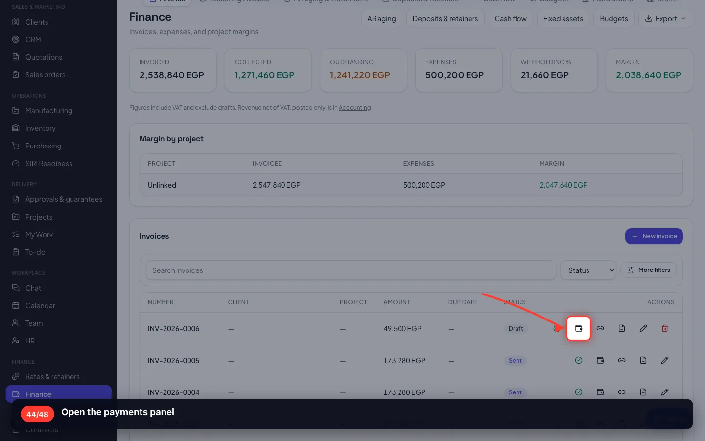 Open the payments panel