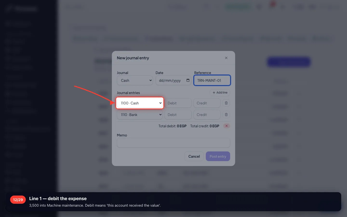 Line 1 — debit the expense