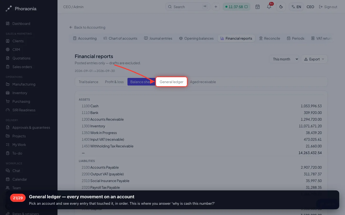 General ledger — every movement on an account