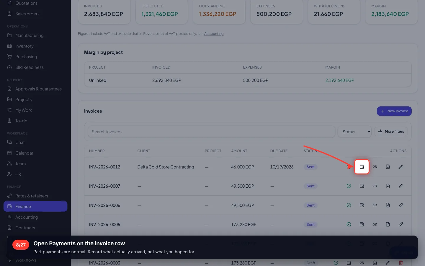 Open Payments on the invoice row