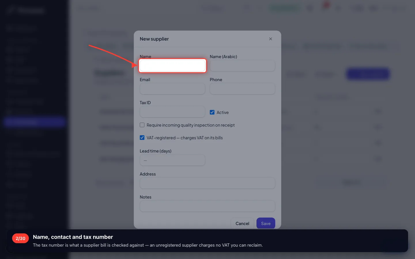 Name, contact and tax number