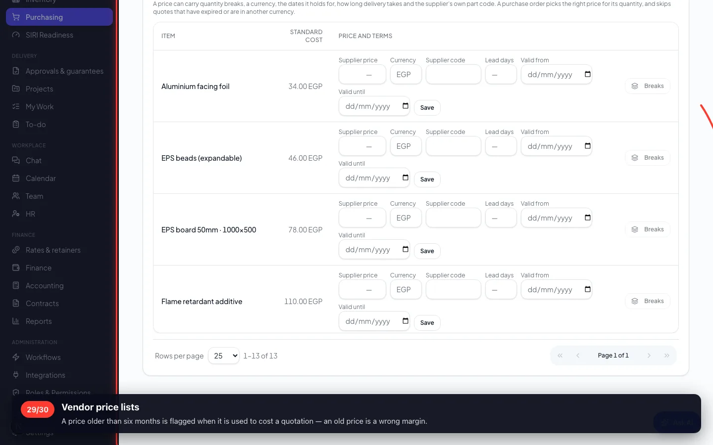 Vendor price lists