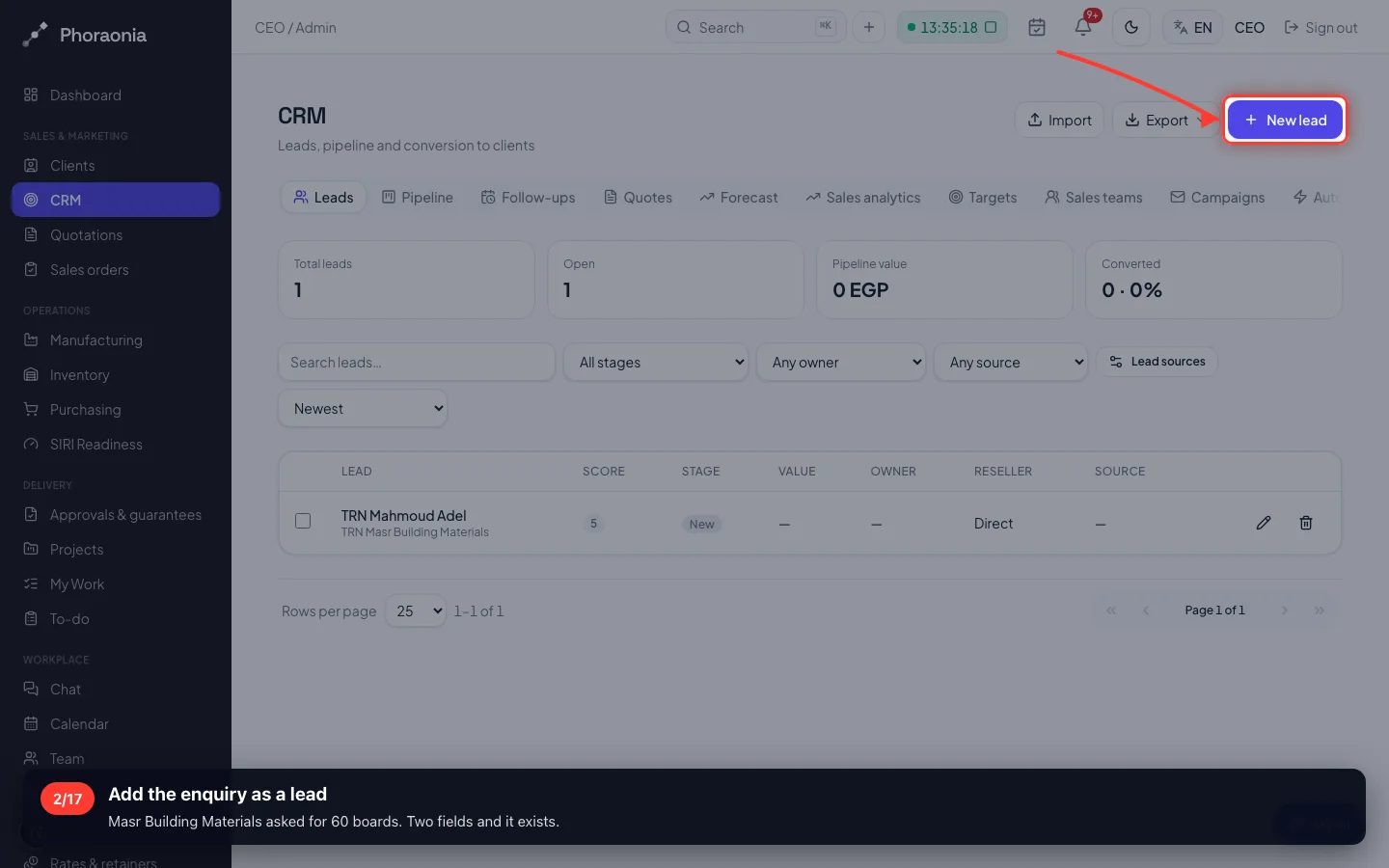 Add the enquiry as a lead