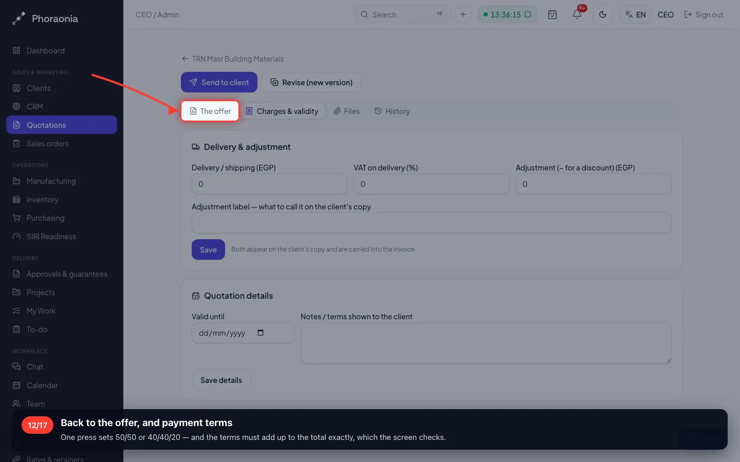 Back to the offer, and payment terms