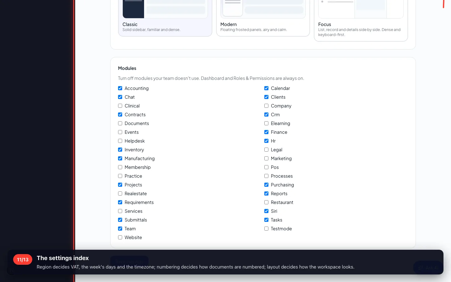 The settings index
