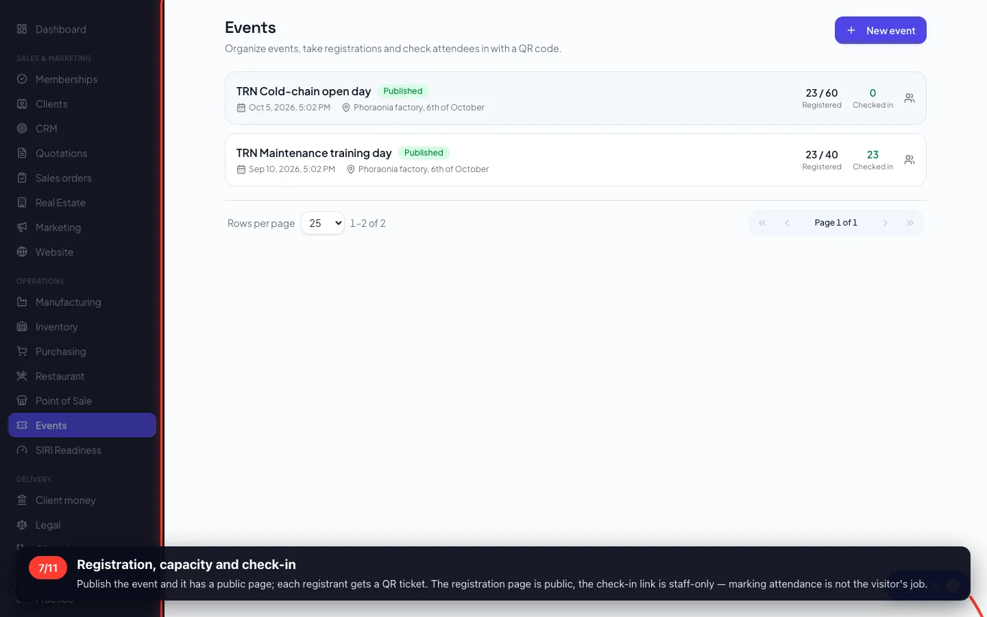 Registration, capacity and check-in