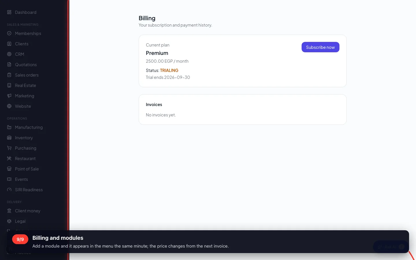 Billing and modules