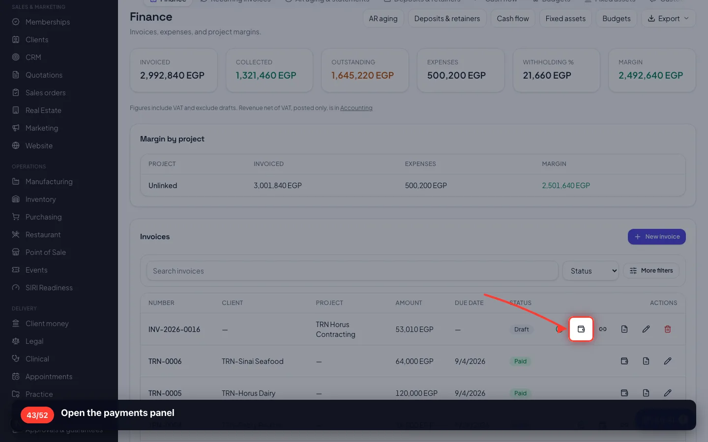 Open the payments panel