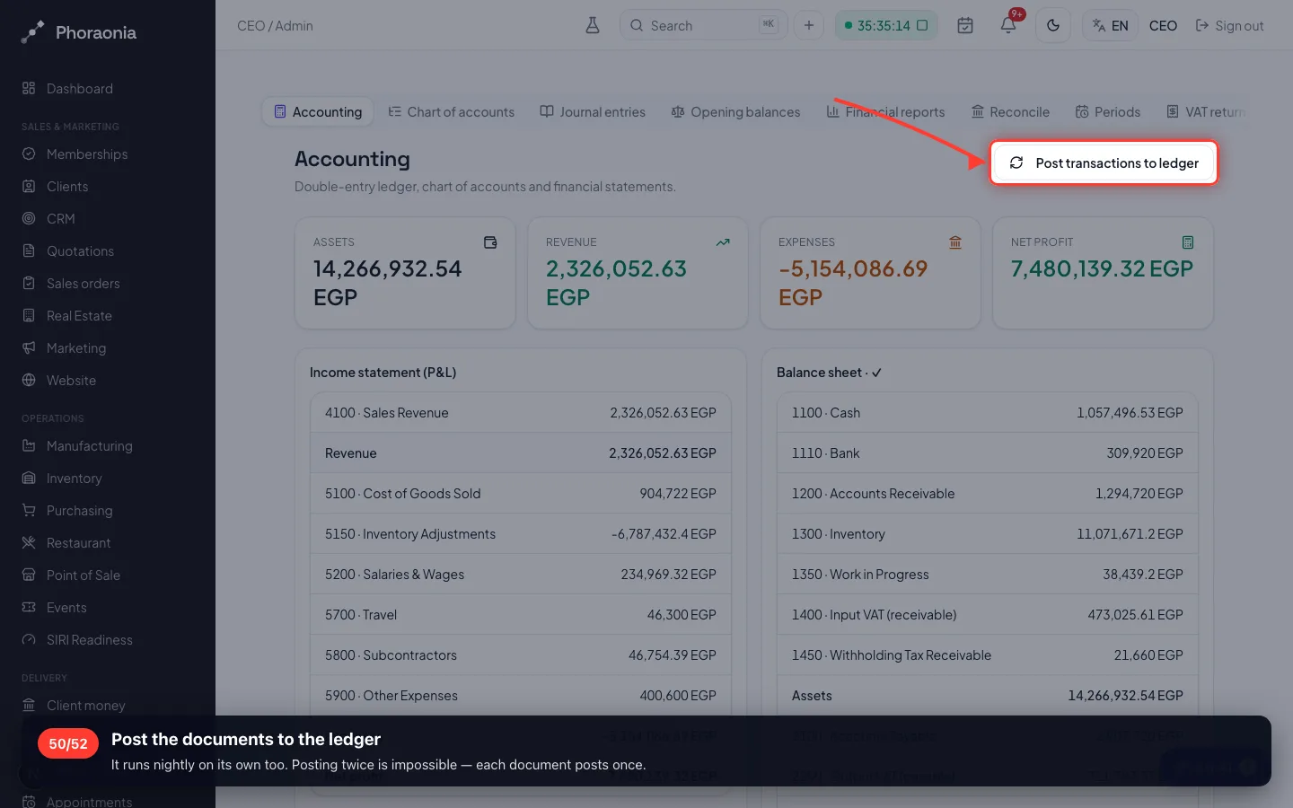 Post the documents to the ledger