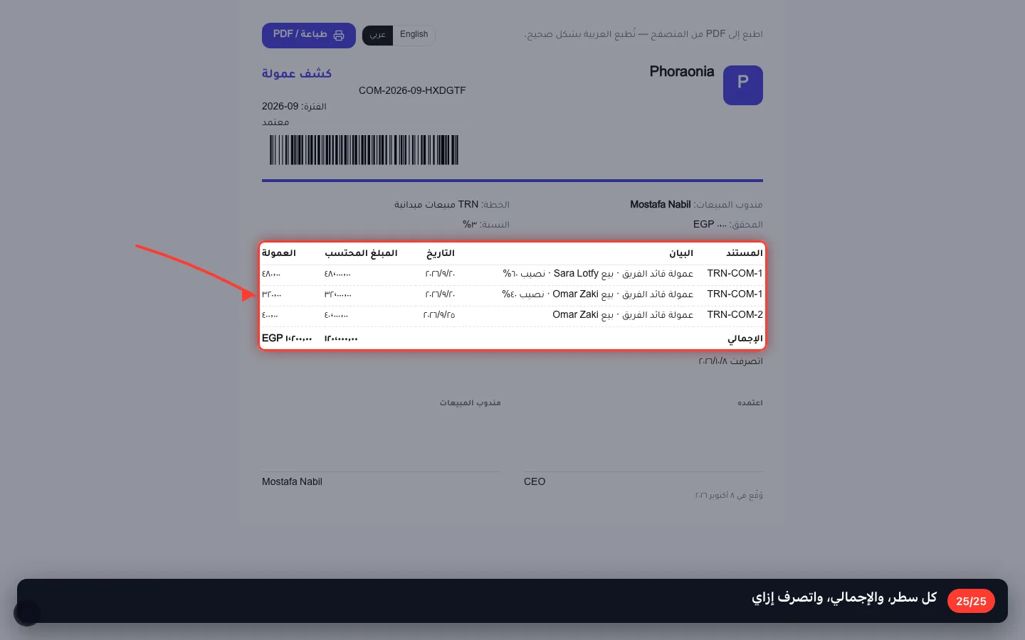 كل سطر، والإجمالي، واتصرف إزاي