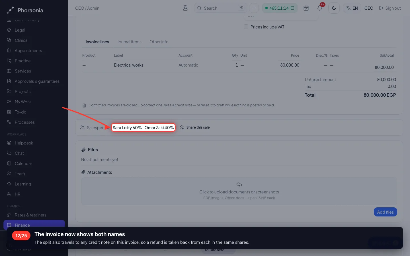 The invoice now shows both names